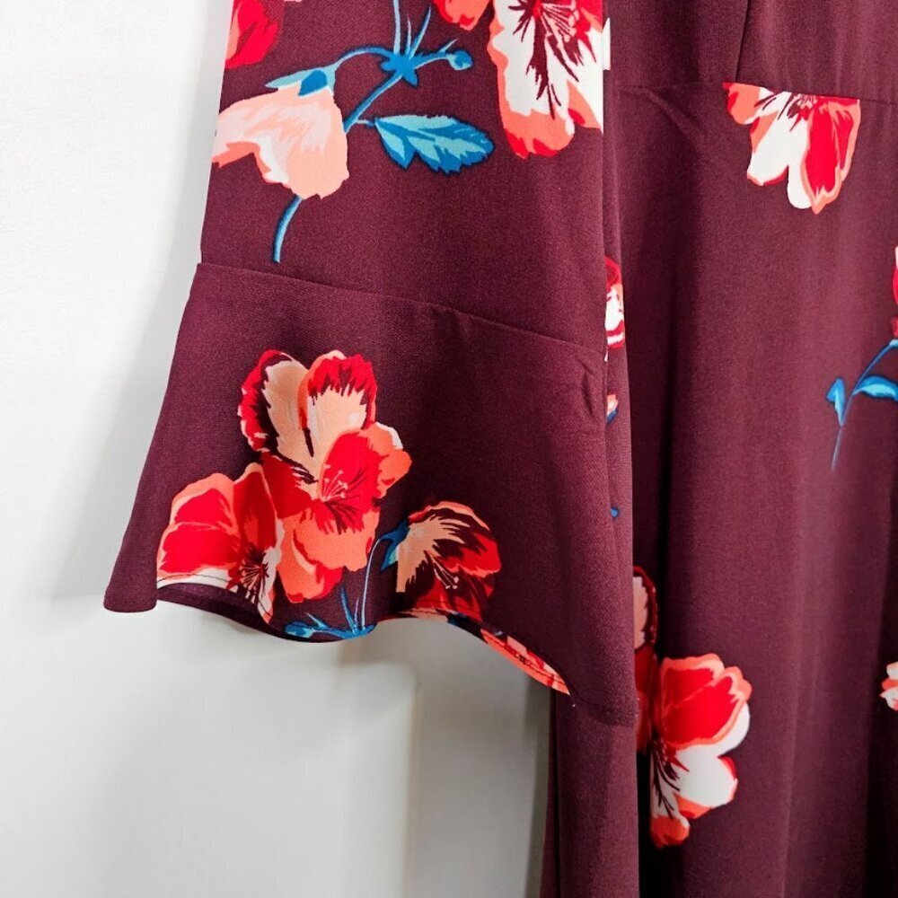 OLD NAVY Fit & Flare Dress size L Long Flute Sleeves BURGUNDY RED Floral Cute! - Picture 4 of 11